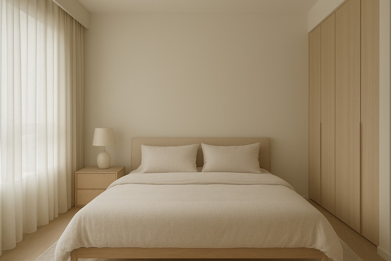 Minimalist bedroom with a beige bed, two matching pillows, a bedside table with a lamp, and a large wardrobe, all in neutral tones.