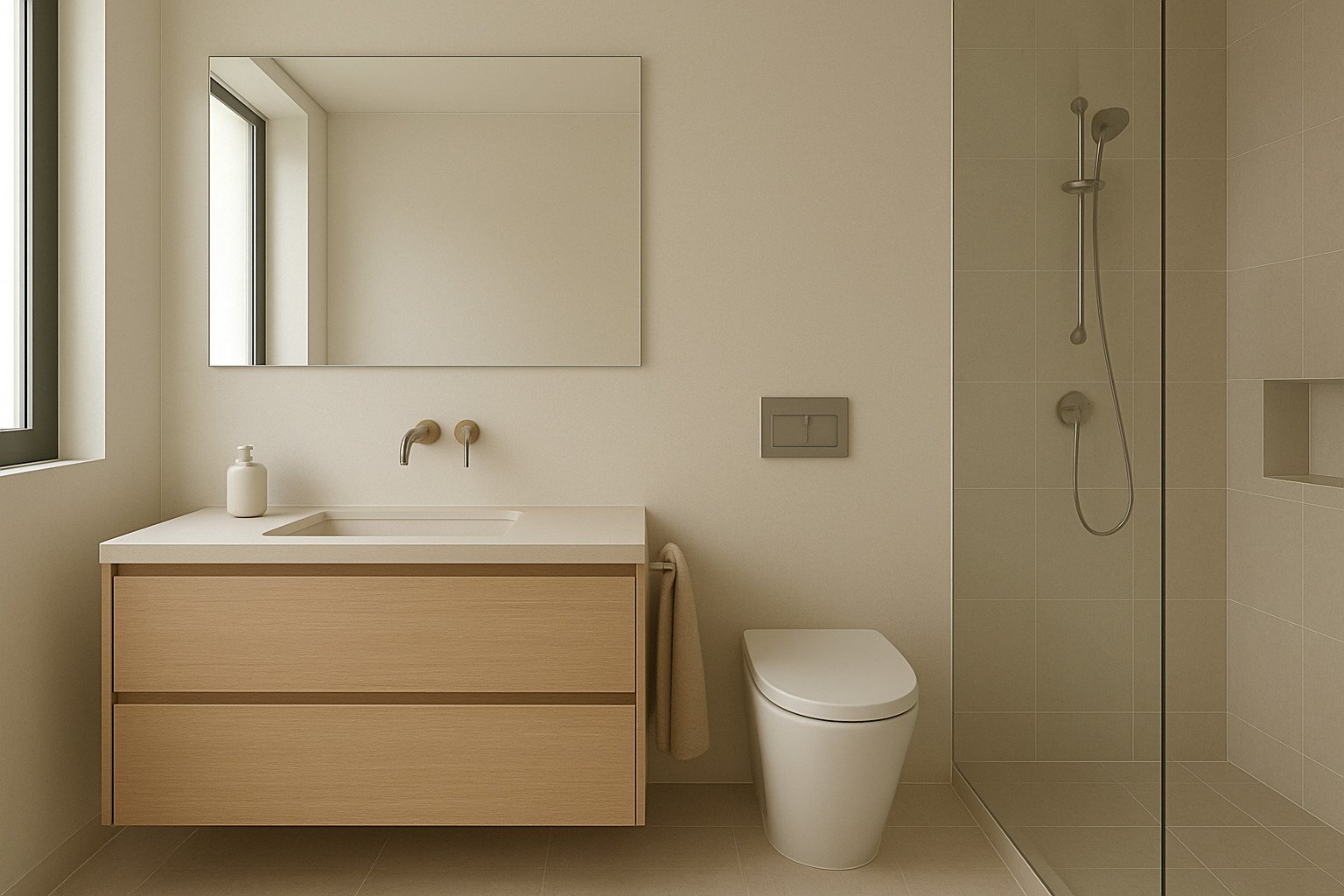 Minimalist bathroom with a wooden vanity, a white sink, a wall-mounted mirror, a beige towel, a modern toilet, and a walk-in shower with a glass door.