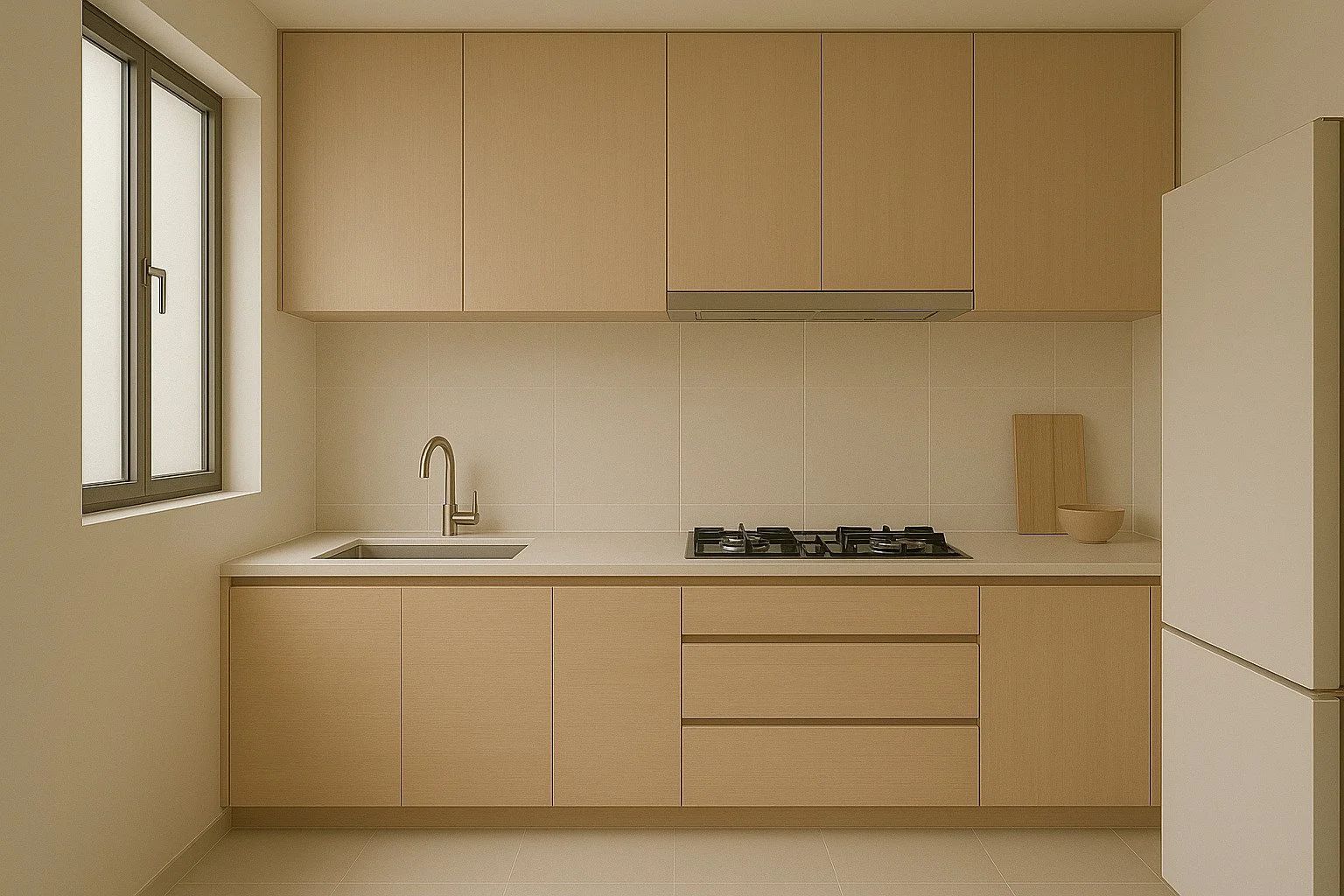 Minimalist kitchen with light wood cabinets, stainless steel sink, gas stove, and a refrigerator. There is a window on the left and a bowl and wooden cutting board on the right counter.