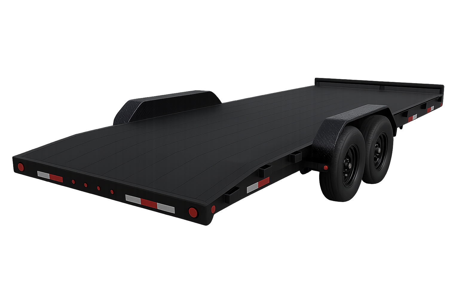 Black flatbed trailer with dual axles and red and white reflectors on the back, isolated on a digital multicolor background.