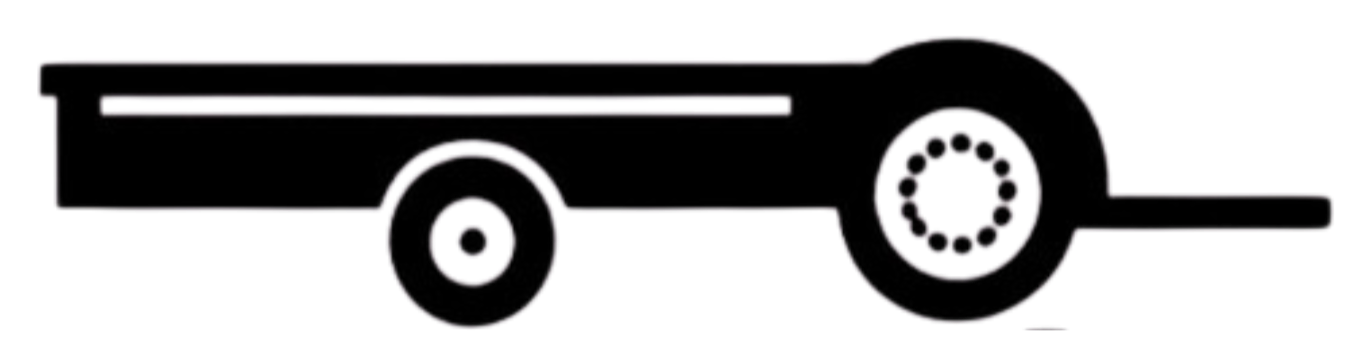 Line drawing of a flatbed cart with a handle, two wheels, and a circular object on the side.