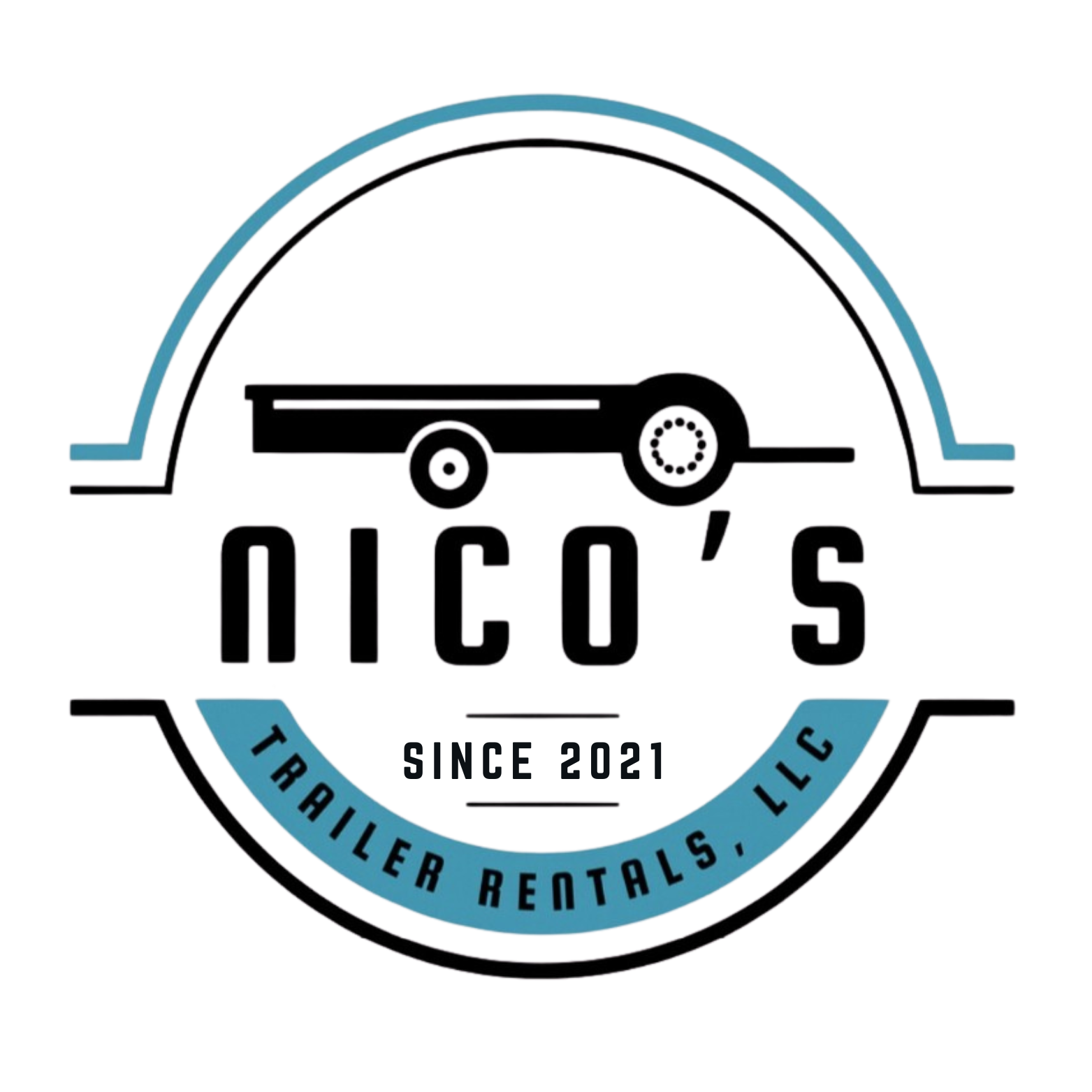 Logo for Nico's Trailer Rentals, LLC, featuring a semi-trailer illustration, the company name, established date 2021, and a blue banner with the company name.