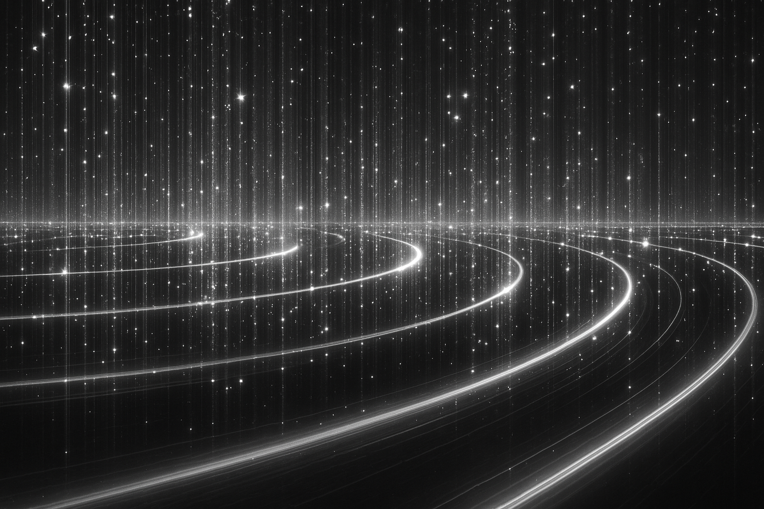 A digital representation of star trails and light streaks on a black background.
