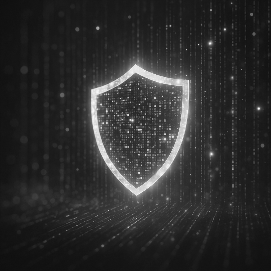 A glowing digital shield icon in a dark, futuristic background with abstract lines and particles.