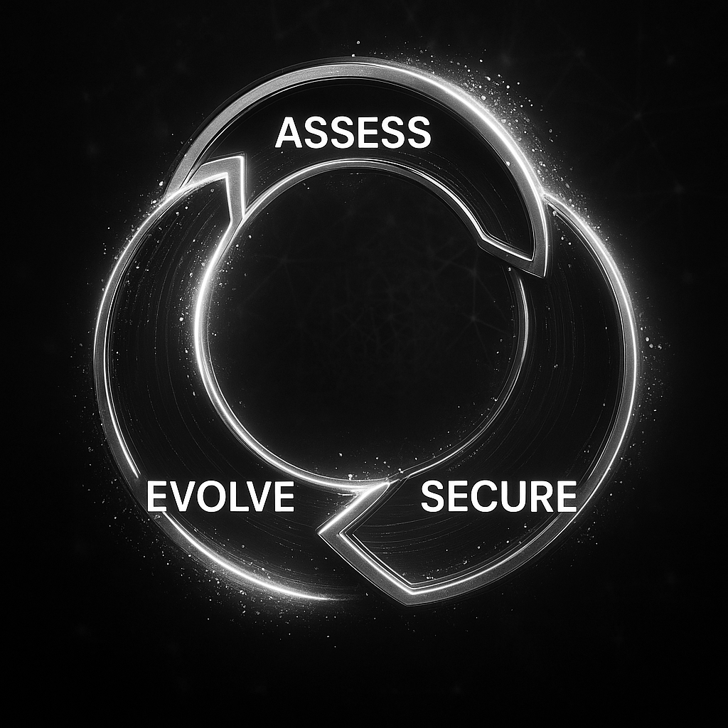A glowing circular arrow diagram with the words "ASSESS," "Evolve," and "Secure" in a clockwise cycle on a black background.