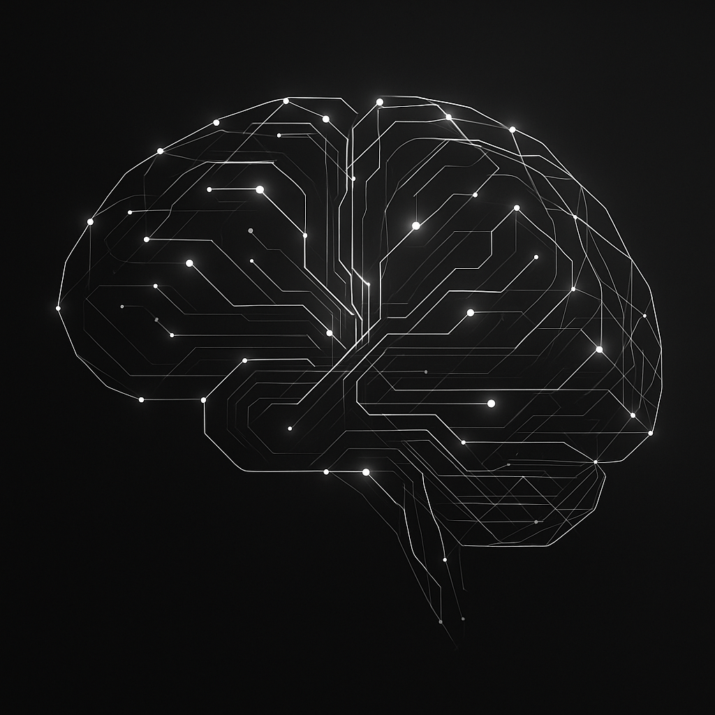 Digital illustration of a human brain with interconnected lines and glowing nodes, symbolizing artificial intelligence or neural networks.