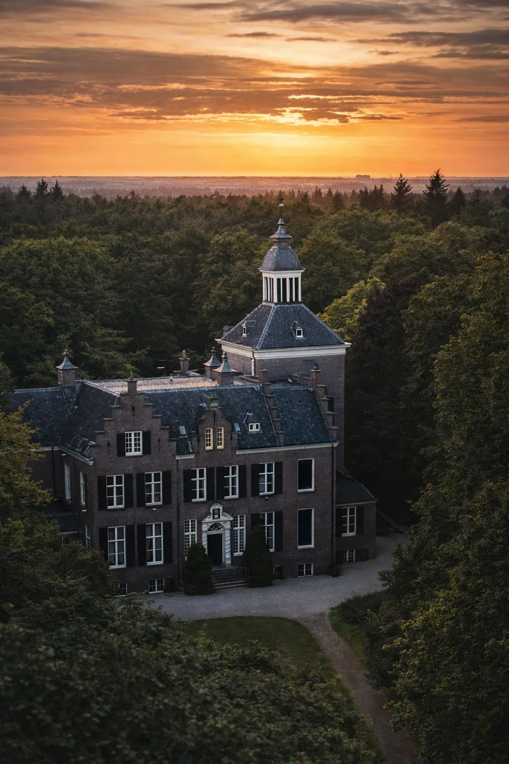 Luchtfoto van een statig landhuis met toren, omringd door bos, bij warm avondlicht dat rust, overzicht en verstilling uitstraalt.