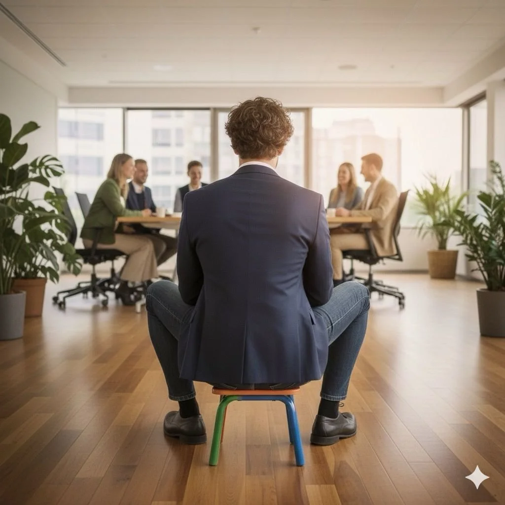 Man in pak zit met zijn rug naar de camera op een krukje, terwijl een team in overleg zit aan een vergadertafel in een lichte kantoorruimte.