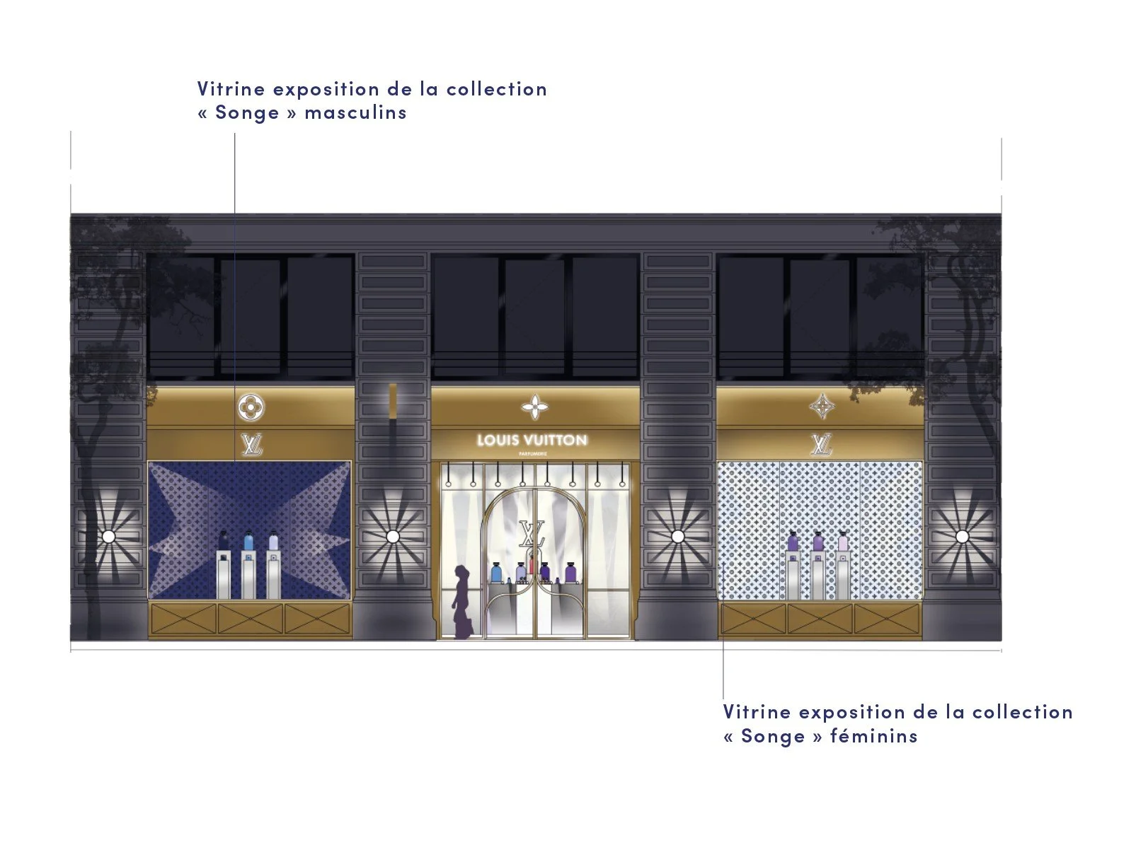 Façade du magasin de nuit éclairée 