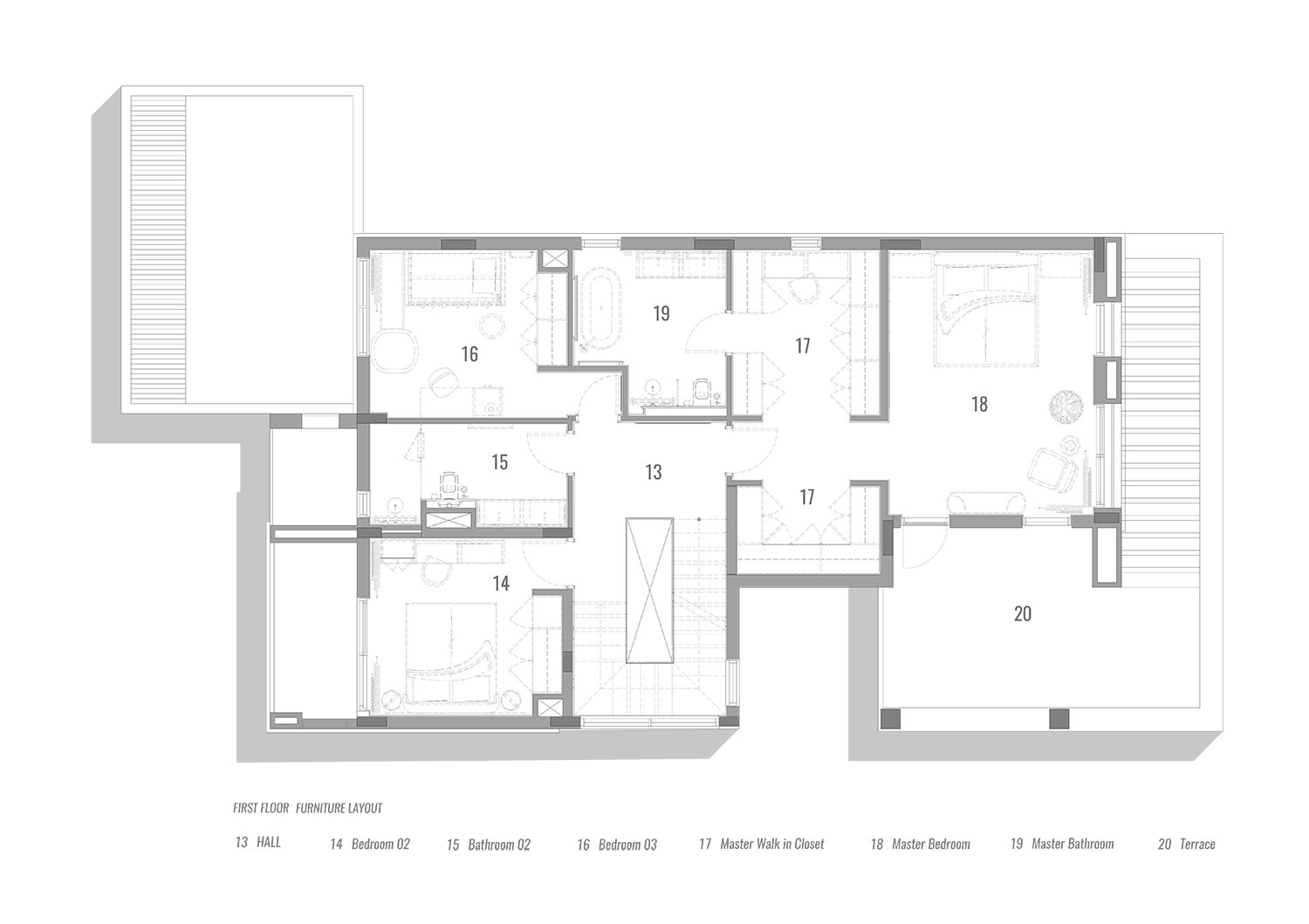 First floor furniture layout plan for the Emaar Caya villa project in Arabian Ranches Dubai, designed by Limestone, showing hall, two bedrooms, bathroom, master walk-in closet, master bedroom, master bathroom, and terrace