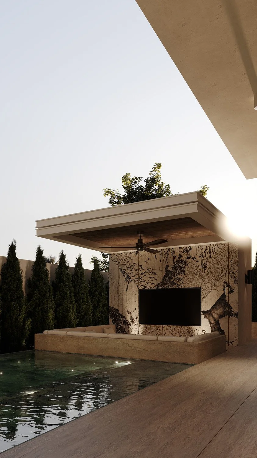 Outdoor cinema pavilion in a Dubai Hills villa landscape, with a dramatic veined stone feature wall, built-in seating, cantilevered roof, and Sukabumi tile pool, designed by Limestone