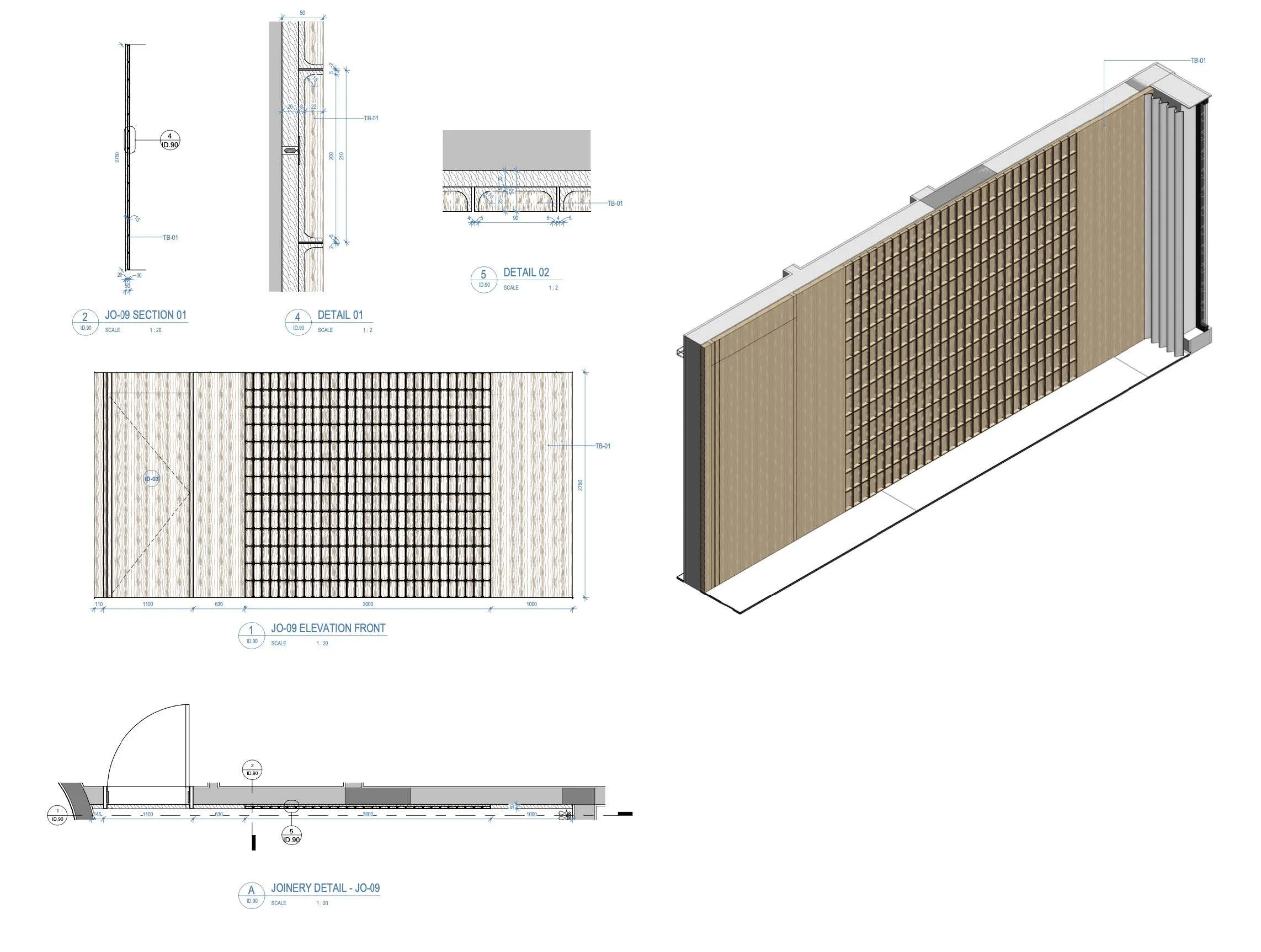 Architectural drawing of a wooden fence with detailed views, elevations, and a 3D perspective showing construction details.