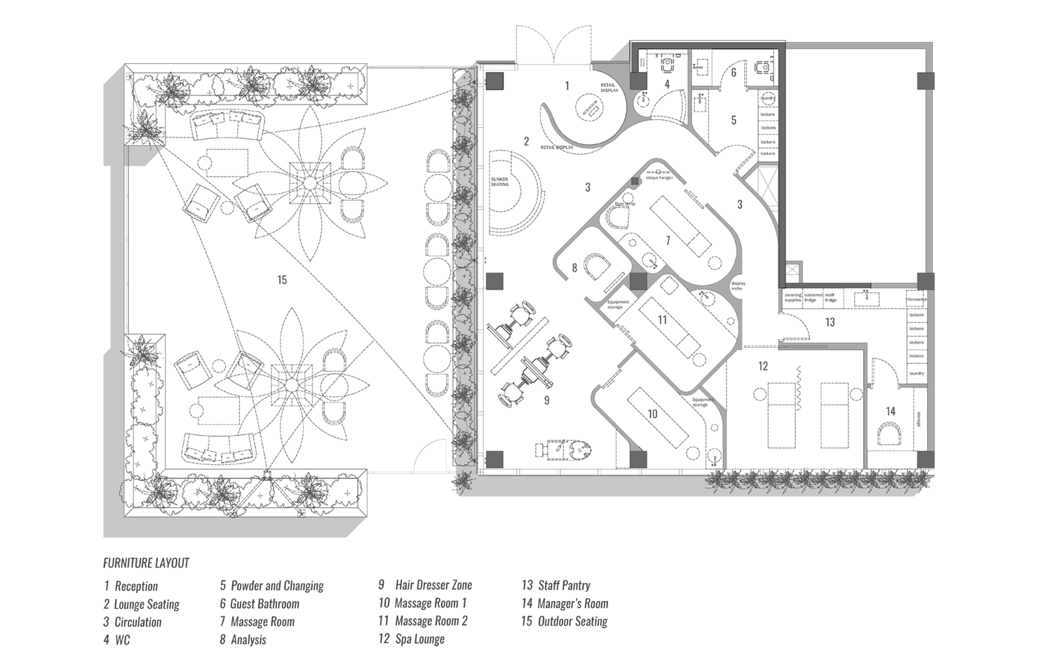 Luxury spa and salon floor plan in Dubai by Limestone, showing reception, lounge seating, massage rooms, hair salon, spa lounge and a landscaped outdoor terrace.