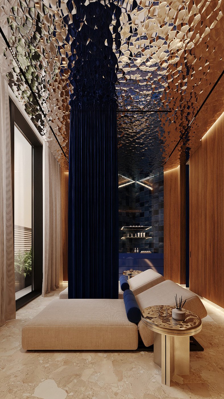 Wellness lounge at FŌM Hygge Spa, City Walk Dubai, by Limestone, with linen daybeds, a blue velvet-draped column, reflective steel ceiling and garden-view windows