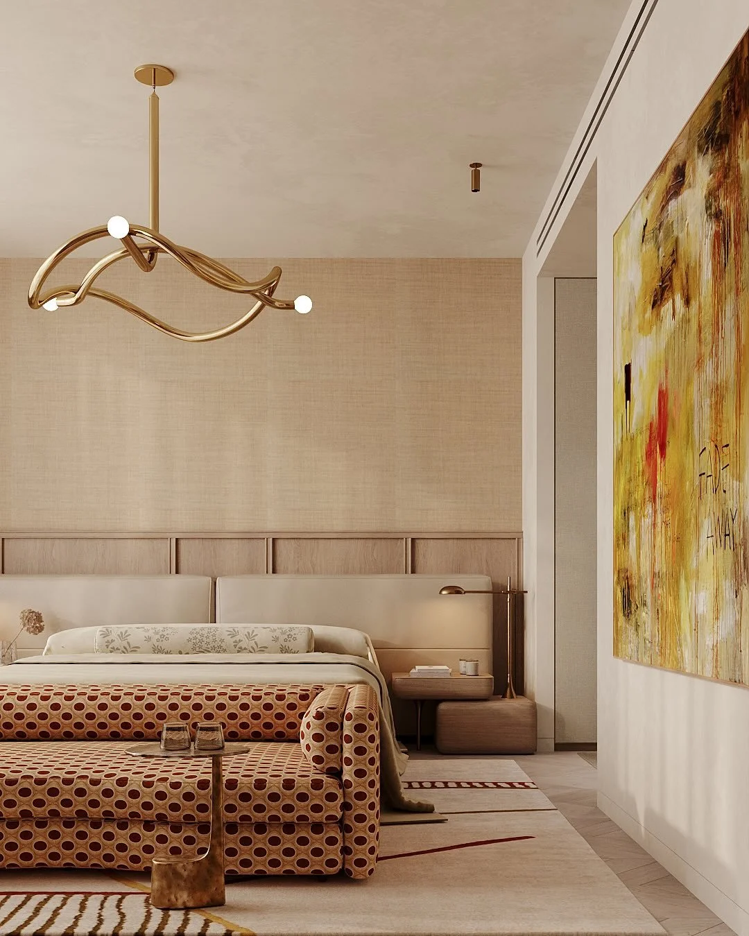 In the Master Bedroom of The Villa in Dubai, we wanted the design to whisper, not shout. It&rsquo;s a curated balance of neutral backgrounds and bold statements, where the linear timber joinery meets the fluid, organic curves of the brass chandelier.