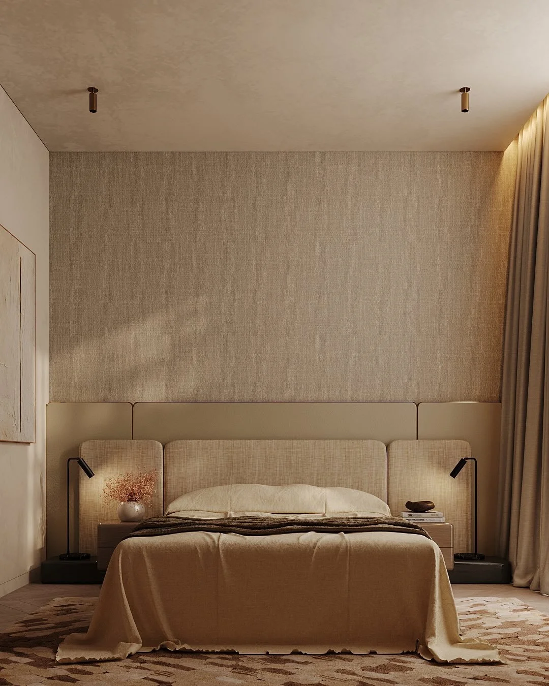 For this suite at THE VILLA, we selected sandy beiges, natural oaks, and warm off-whites to create a room that feels instantly grounding.

Every texture, from the woven wallpaper to the geometric rug, was chosen to add interest without breaking the m