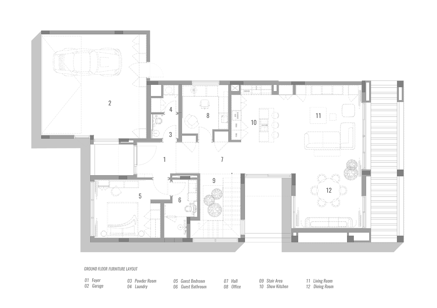 Ground floor furniture layout plan for Emaar Caya villa project in Arabian Ranches Dubai, designed by Limestone, showing foyer, garage, powder room, laundry, guest bedroom, guest bathroom, office, hall, show kitchen, living room, and dining room