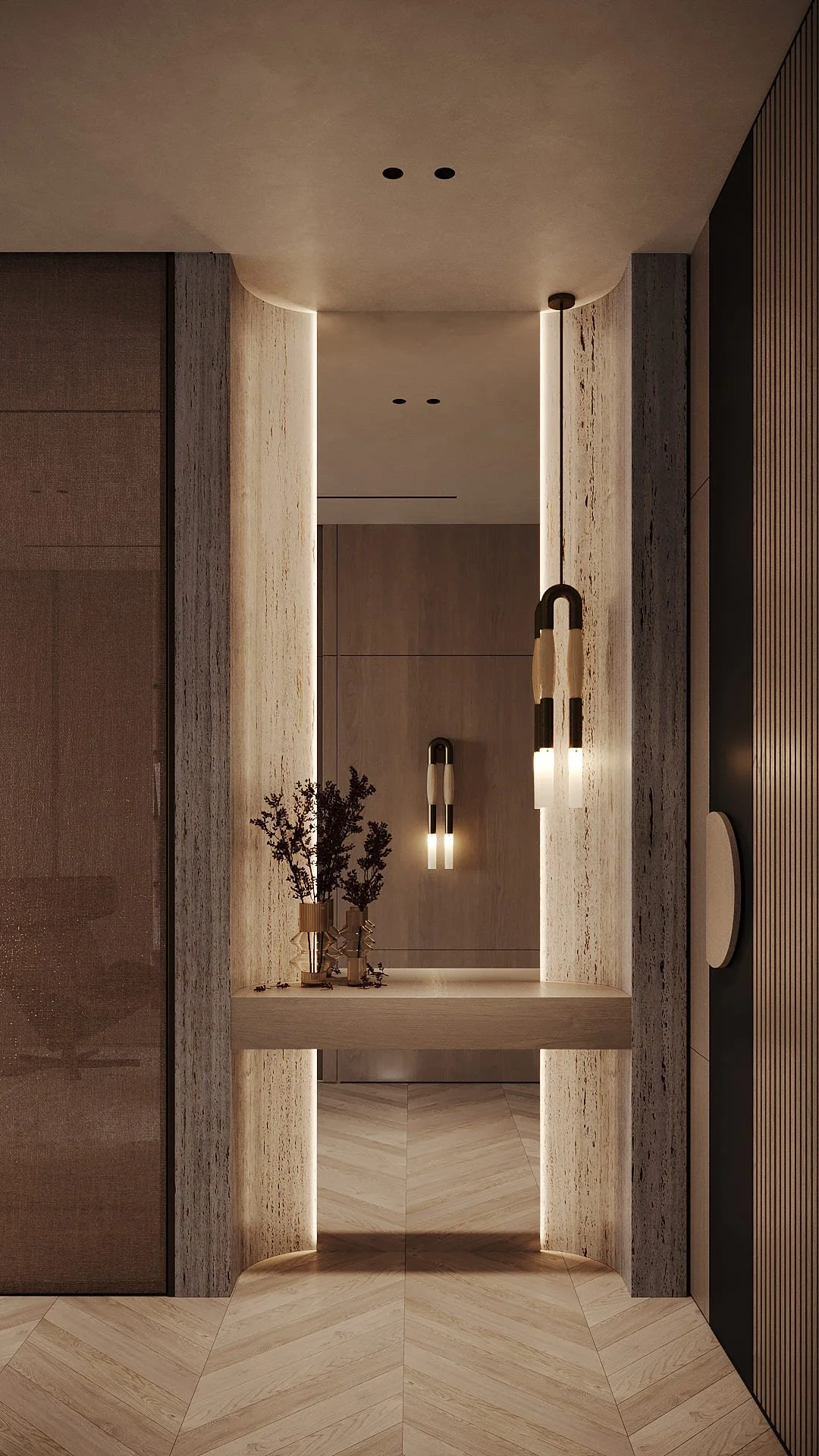Entrance console in Villa De Bomma, Jumeirah Islands, with a backlit travertine surround, sculptural pendant light, and chevron laminate flooring by Limestone