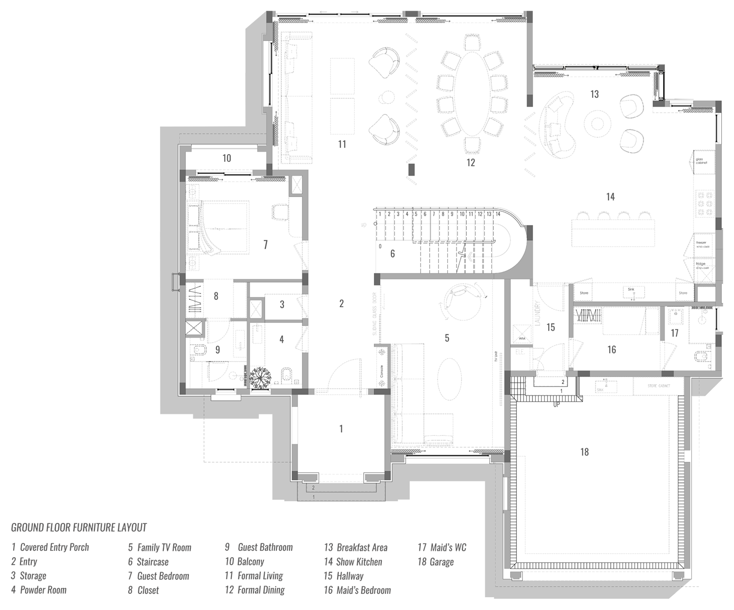 Ground floor furniture layout plan for Villa De Bomma in Jumeirah Islands, designed by Limestone, showing covered entry porch, entry, guest bedroom and bathroom, formal living and dining, family TV room, show kitchen