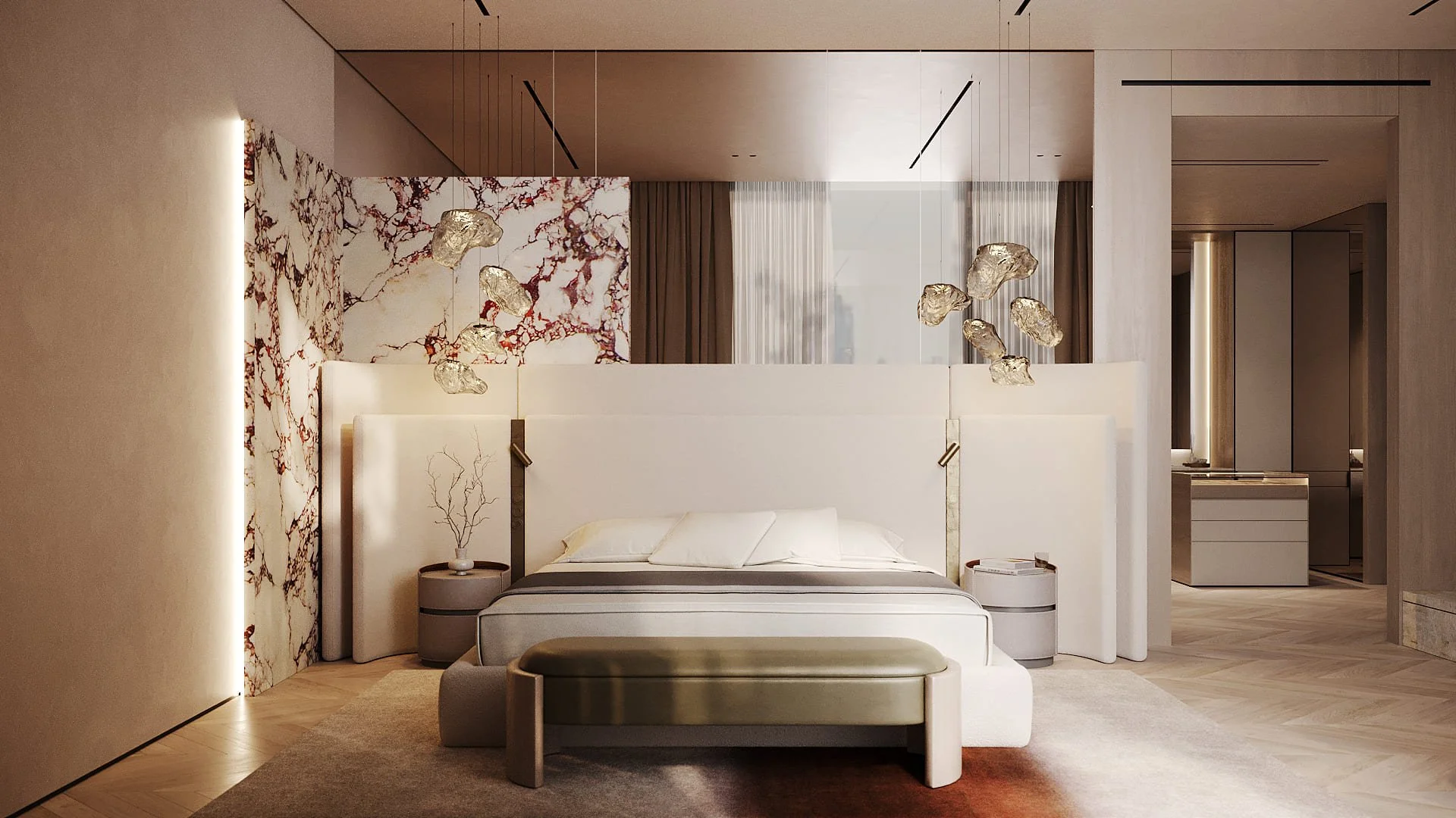 Master bedroom in Villa De Bomma, Jumeirah Islands, featuring a dramatic Calacatta Viola marble feature wall, sculptural pendant lights, an upholstered bed, and chevron laminate flooring by Limestone