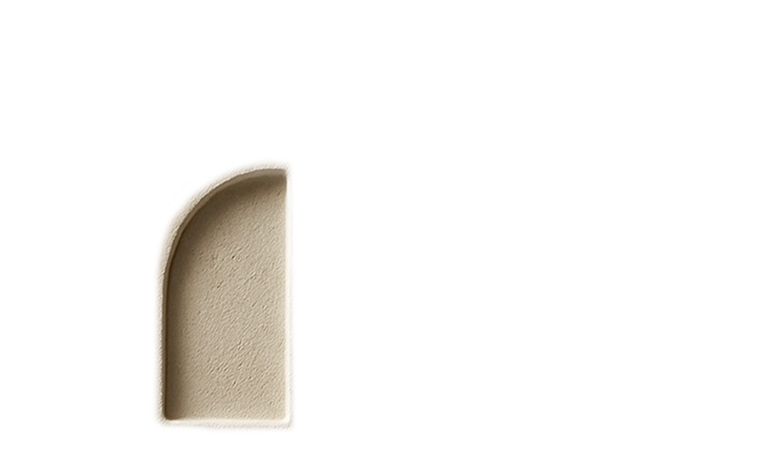 A beige corner shelf with a curved edge against a white background.