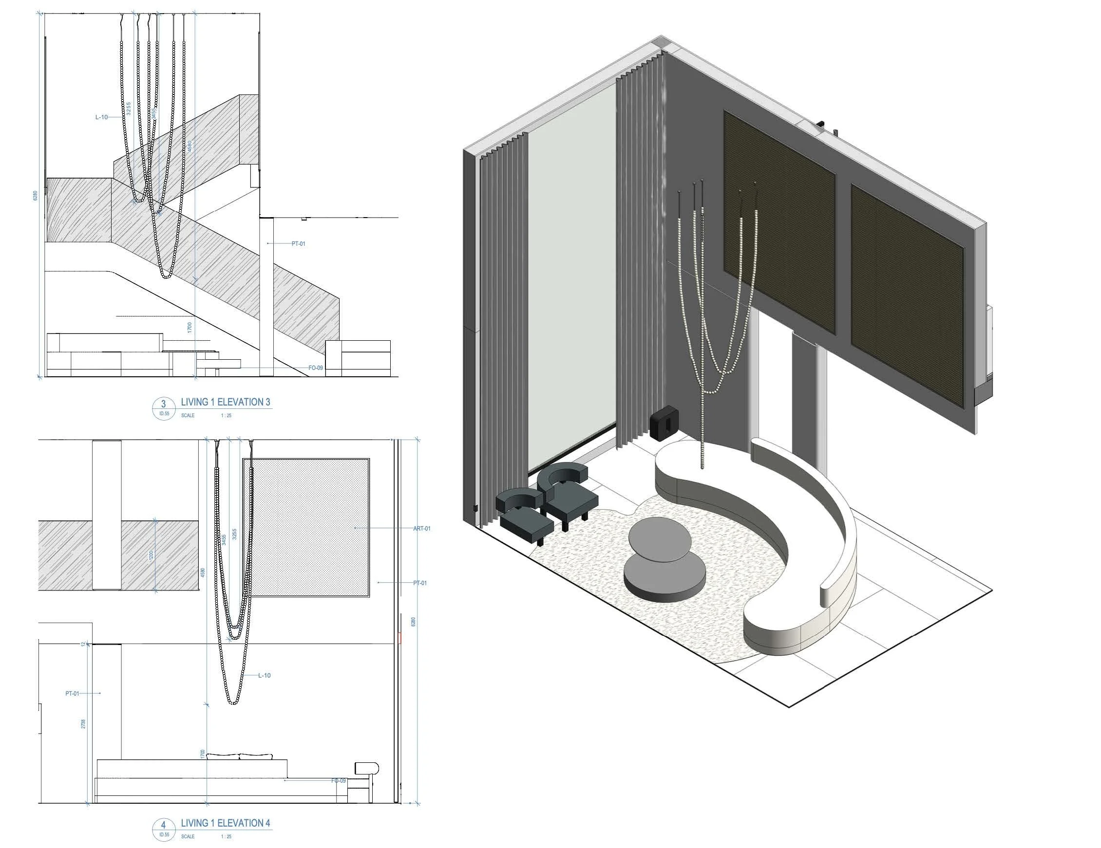 Interior design plan with a curved sofa, two screen monitors, hanging cords from the ceiling, a circular ottoman, and a textured area rug, along with architectural elevations on the side.