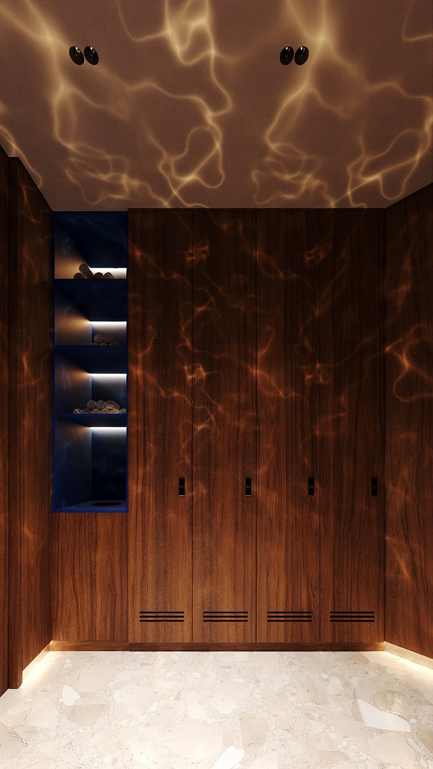 Female spa changing room by Limestone at FŌM Hygge Spa, City Walk Dubai, with lacquered wood lockers, a backlit electric blue towel niche and Ceppo stone flooring