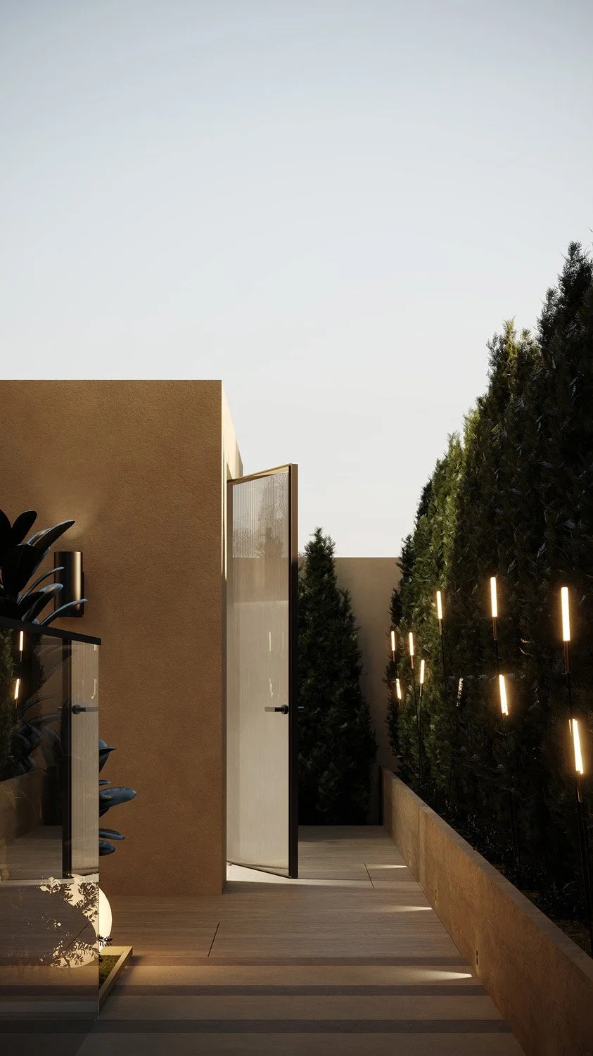 Side garden entrance in a Dubai Hills villa landscape, with a glass pivot door, Ficus panda privacy hedge, and warm path lighting, designed by Limestone