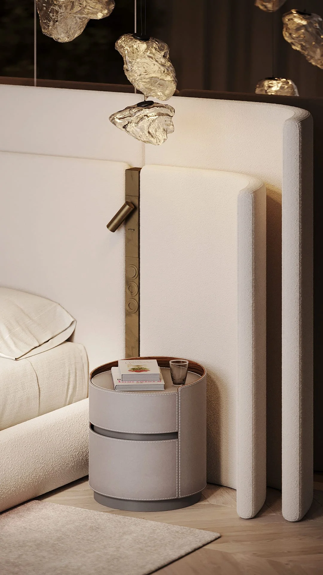 Master bedroom bedside detail in Villa De Bomma, Jumeirah Islands, with a leather cylindrical nightstand, bouclé headboard, and sculptural rock crystal pendant lights by Limestone
