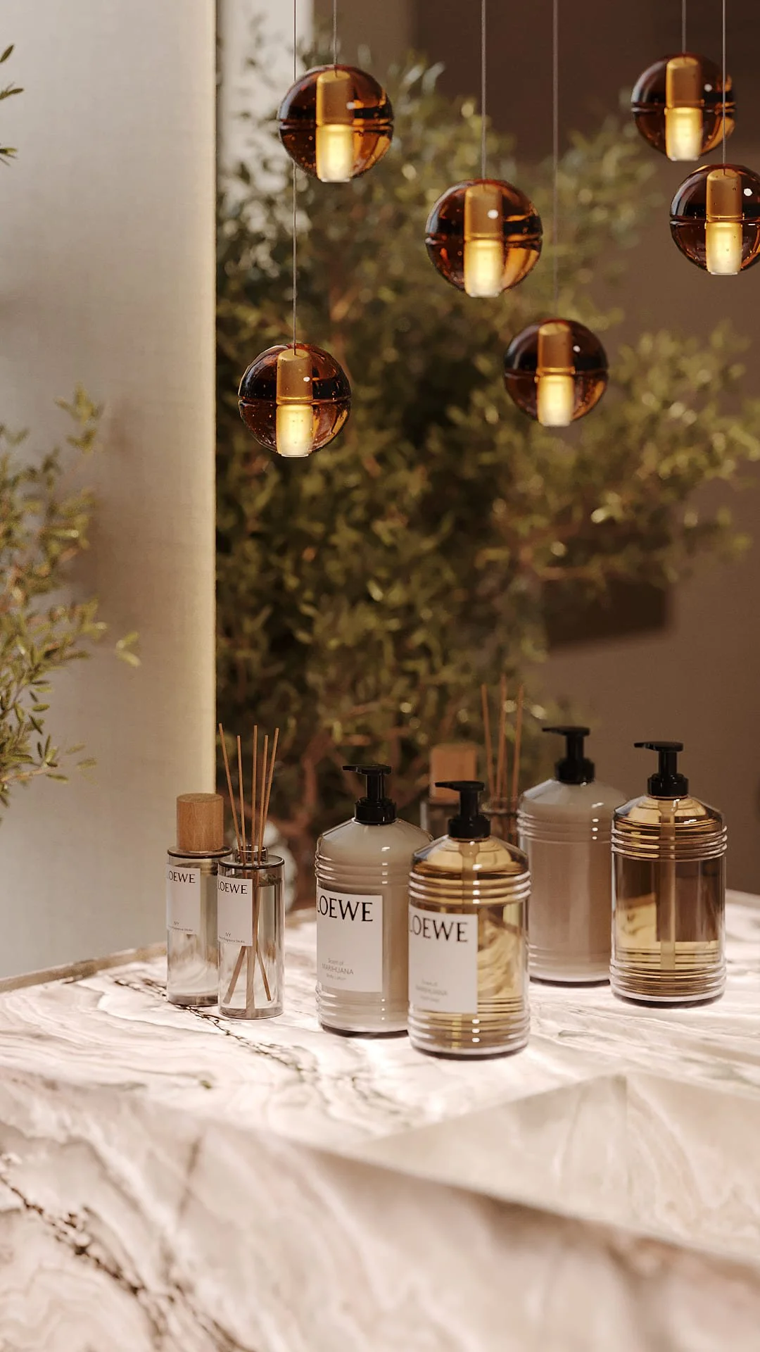 Powder room vanity detail in Villa De Bomma, Jumeirah Islands, with an onyx marble surface, amber pendant lights reflected in the mirror, and an olive tree by Limestone