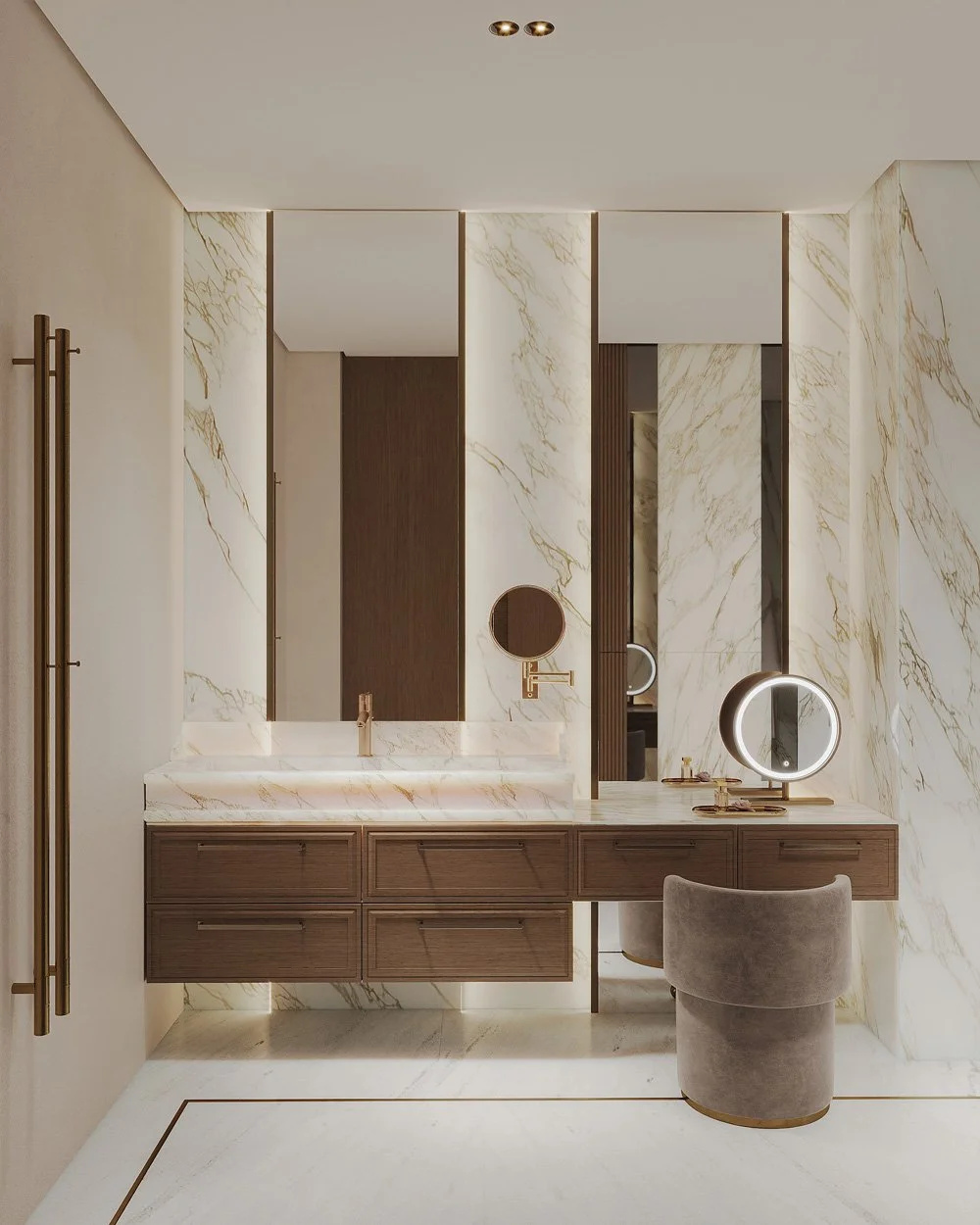 Bathroom vanity and makeup station in Villa Viola, Dubai Hills, with gold-veined marble panelling, dark wood cabinetry, and a round LED vanity mirror by Limestone