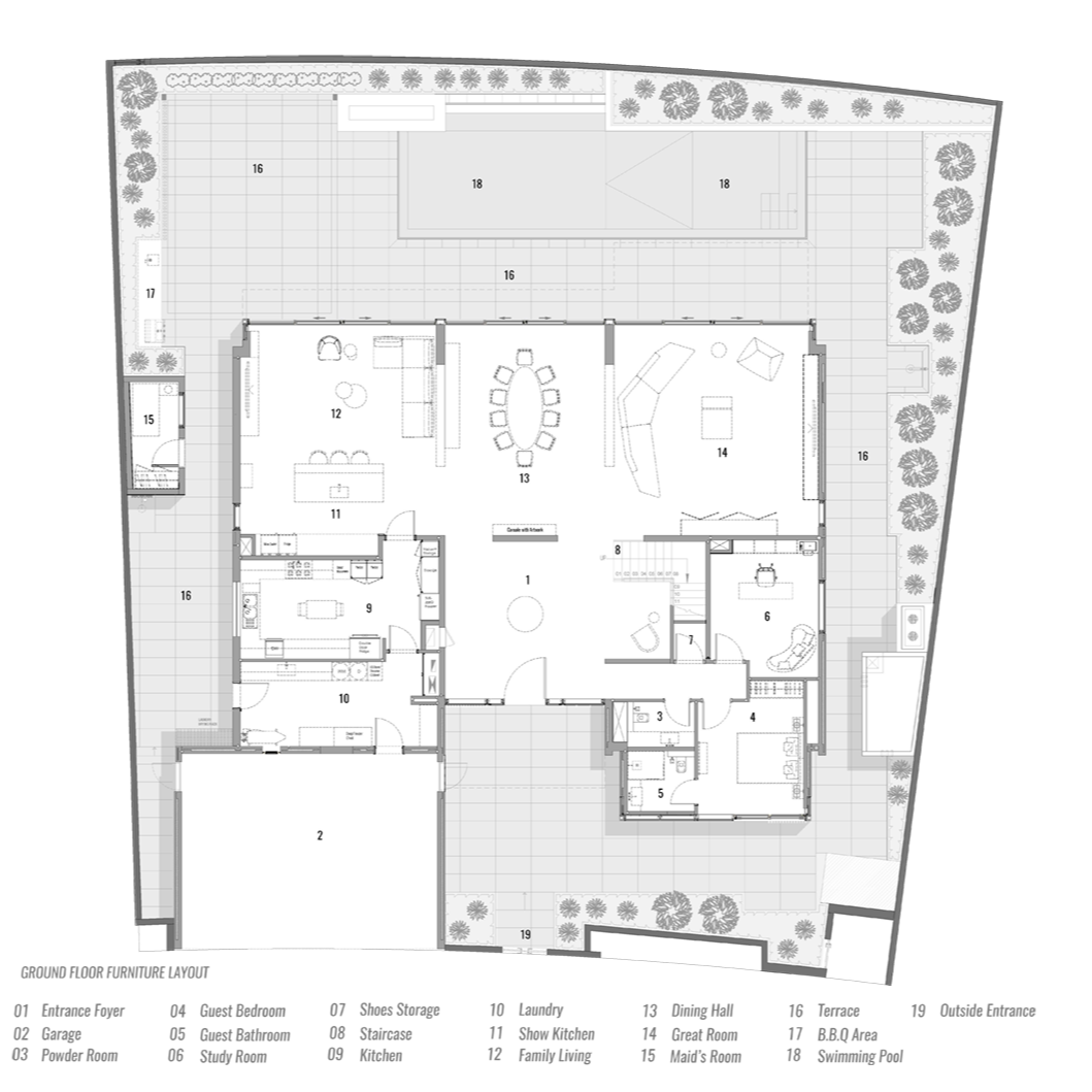 Ground floor furniture layout plan for Villa Viola in Dubai Hills, designed by Limestone, showing entrance foyer, garage, guest bedroom and bathroom, study, kitchen, show kitchen, dining hall, great room, laundry, maid's room, and outdoor pool