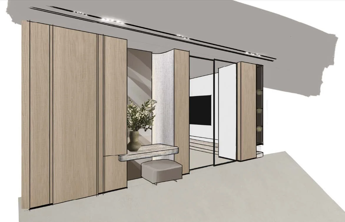 Interior design rendering of a modern room featuring wooden panels, a small wall shelf with a vase and plant, a cushioned stool, and a sliding mirror door leading to another area with shelving.