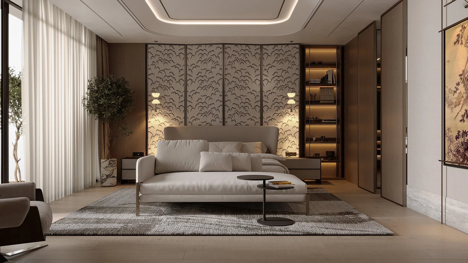 Bedroom in Villa Viola, Dubai Hills, with patterned upholstered wall panels, a beige daybed, built-in display shelving, and sheer floor-to-ceiling curtains by Limestone