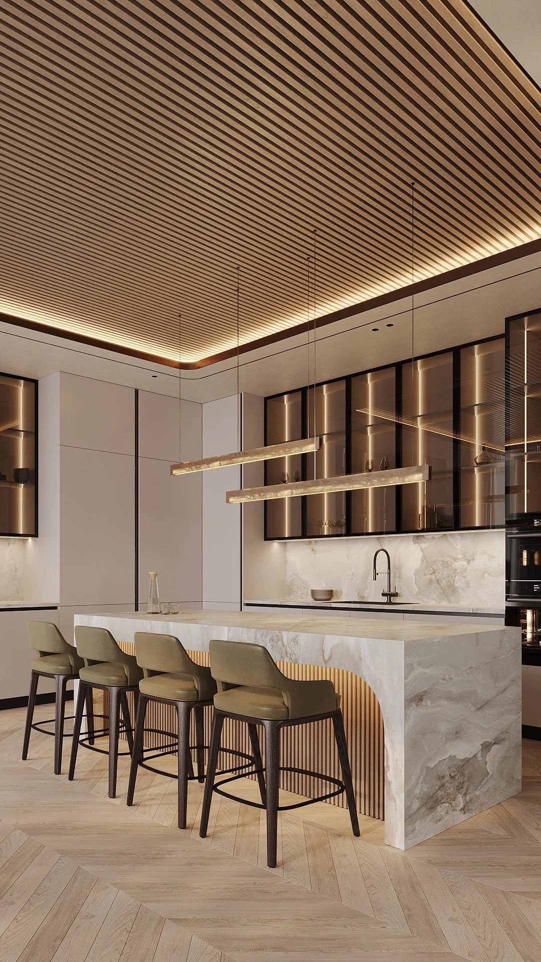 Show kitchen in Villa De Bomma, Jumeirah Islands, with a marble island, olive leather bar stools, backlit bronze cabinetry, and a wooden slatted ceiling by Limestone