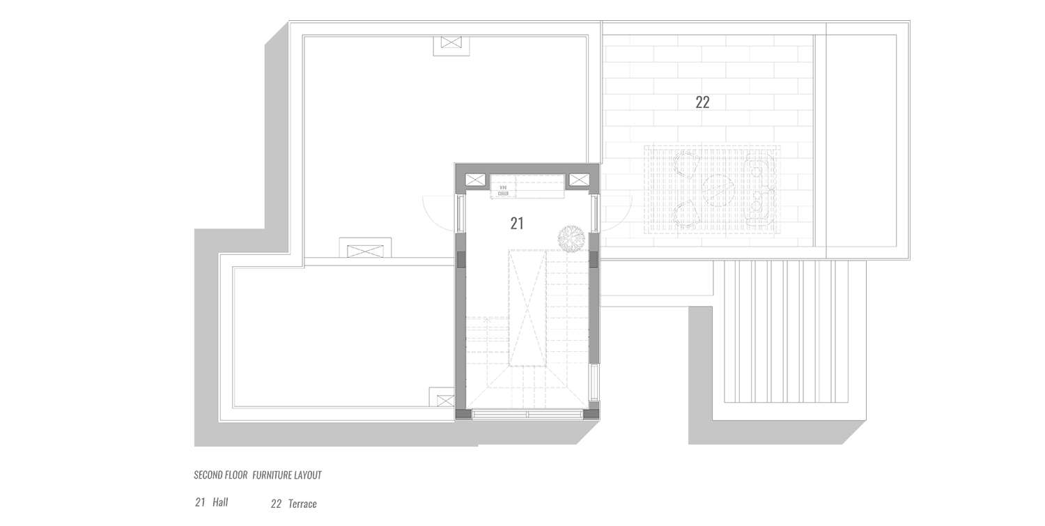 Second floor furniture layout plan for the Emaar Caya villa project in Arabian Ranches Dubai, designed by Limestone, showing hall, wine cellar, and a large rooftop terrace with outdoor seating