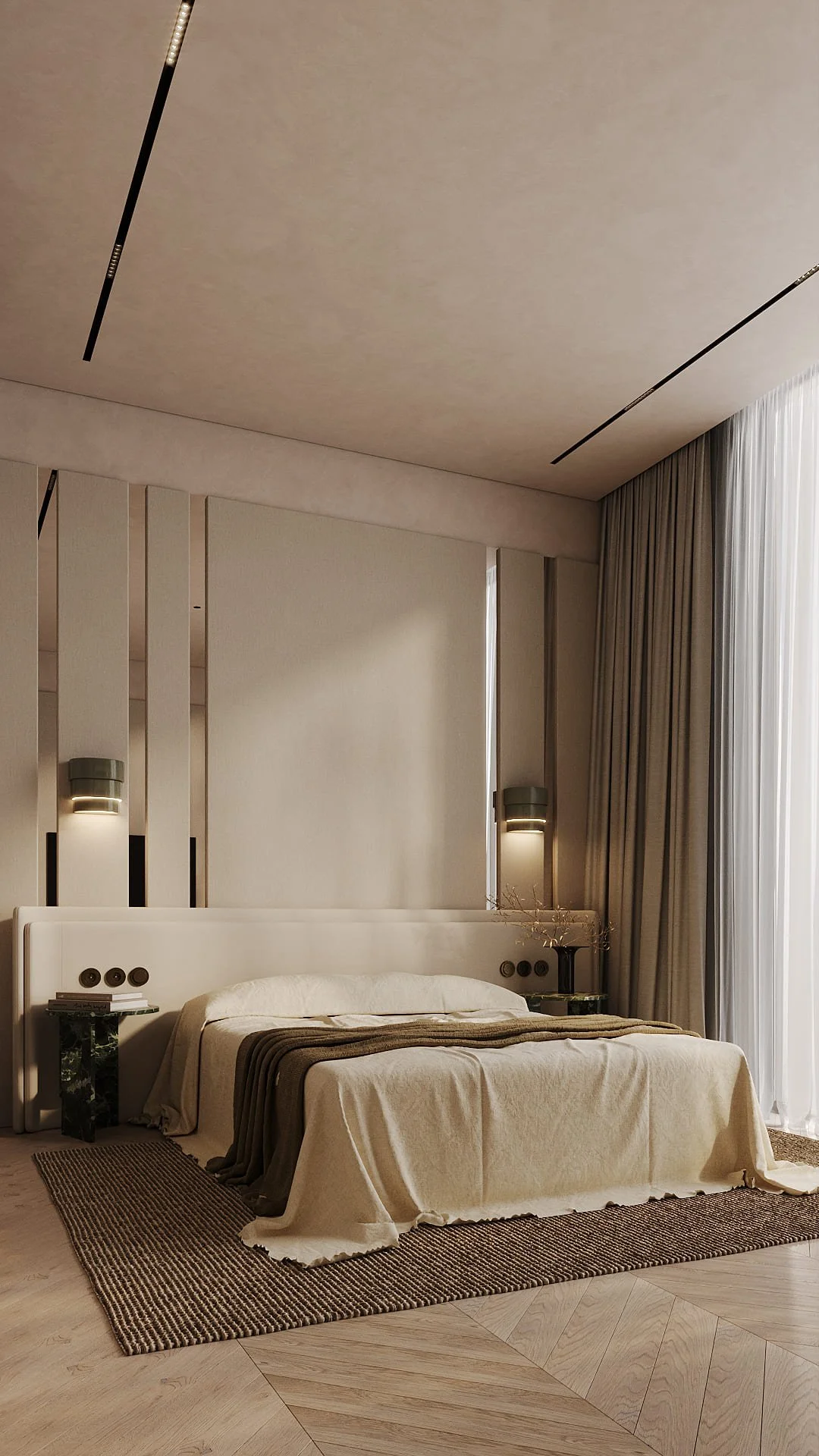 Bedroom in Villa De Bomma, Jumeirah Islands, with wall panelling, metal strip detailing, an upholstered headboard, De Bomma wall lights, and chevron laminate flooring by Limestone