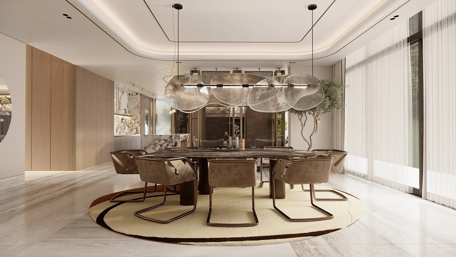 Dining table detail in Villa Viola, Dubai Hills, with leather and metal dining chairs, a dark stone tabletop, and a sculptural organic-form pendant light by Limestone