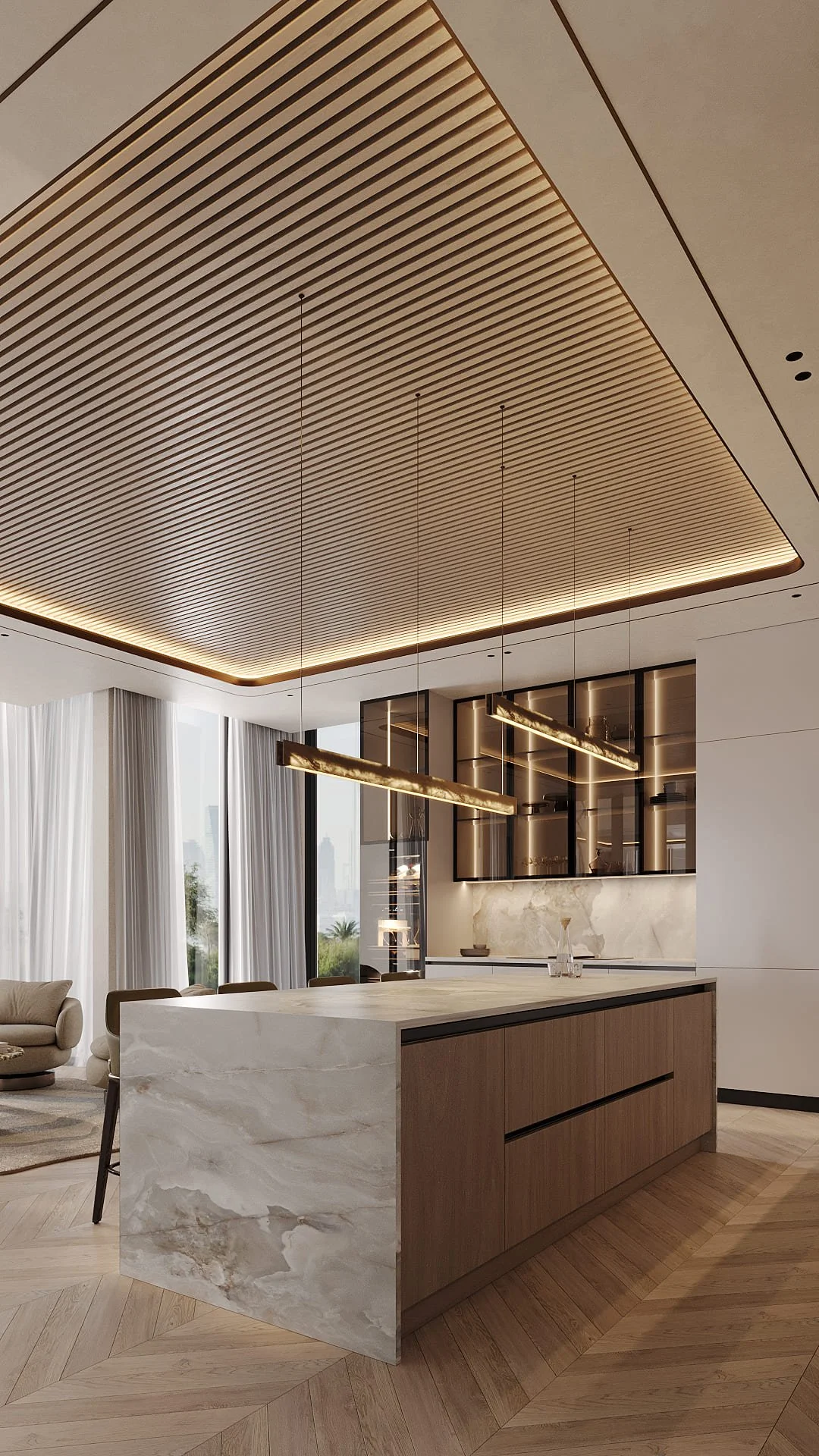 Show kitchen in Villa De Bomma, Jumeirah Islands, with a marble waterfall island, dark oak cabinetry, backlit bronze shelving, and a large wooden slatted ceiling by Limestone