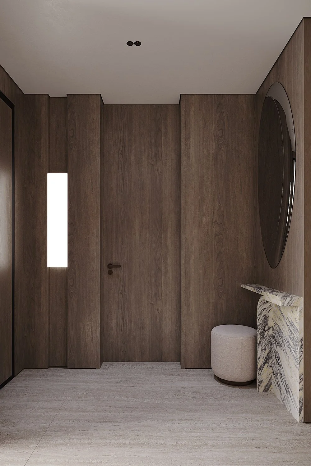 Limestone signature detail — full height doors without top architraves or thresholds creating seamless flow between rooms and adding visual height, luxury interior design Dubai
