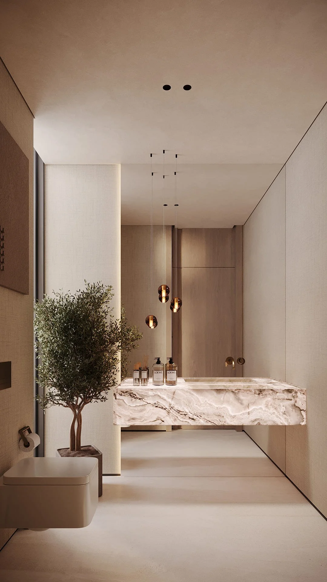Powder room in Villa De Bomma, Jumeirah Islands, with a floating onyx marble vanity, amber glass pendant lights, a potted olive tree, and an integrated mirror by Limestone