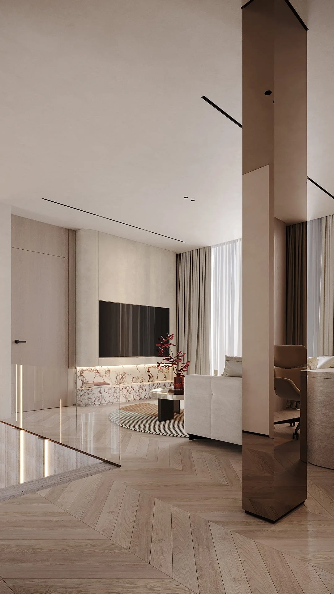 Office lounge area in Villa De Bomma, Jumeirah Islands, with a Calacatta Viola marble TV unit, white sofa, and chevron laminate flooring by Limestone
