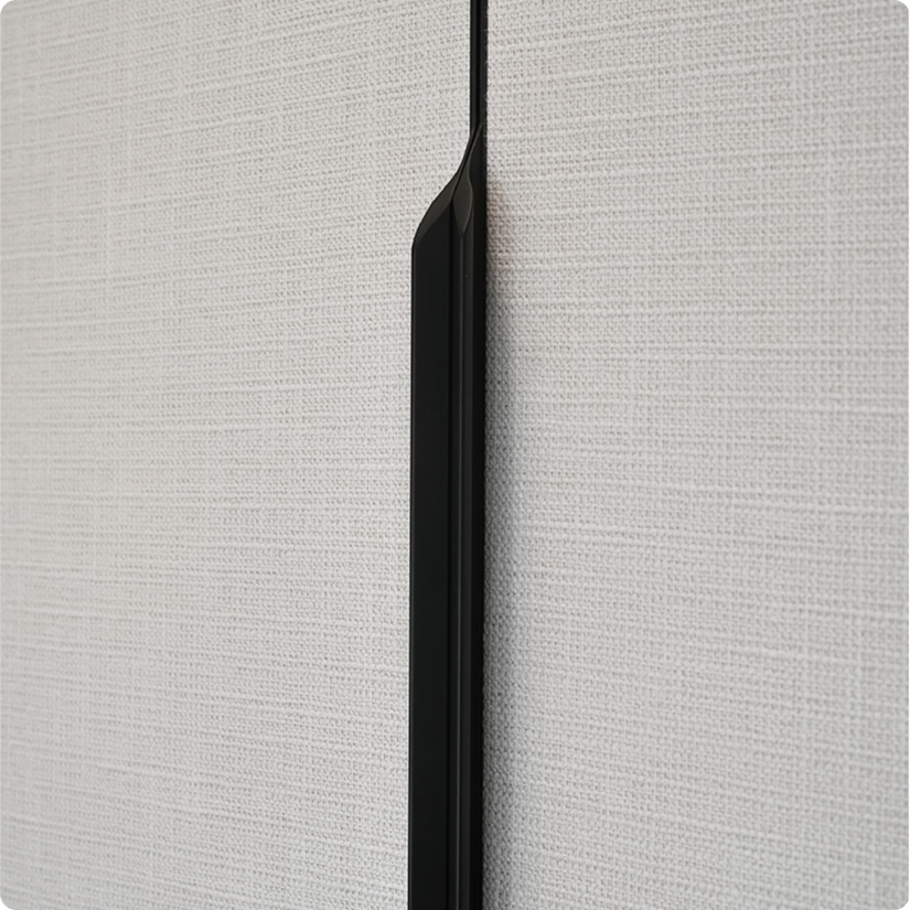 Limestone signature detail — wardrobe shutters stretched with fabric and framed with metal, crafted in Italian tradition by UAE manufacturers, luxury interior design Dubai