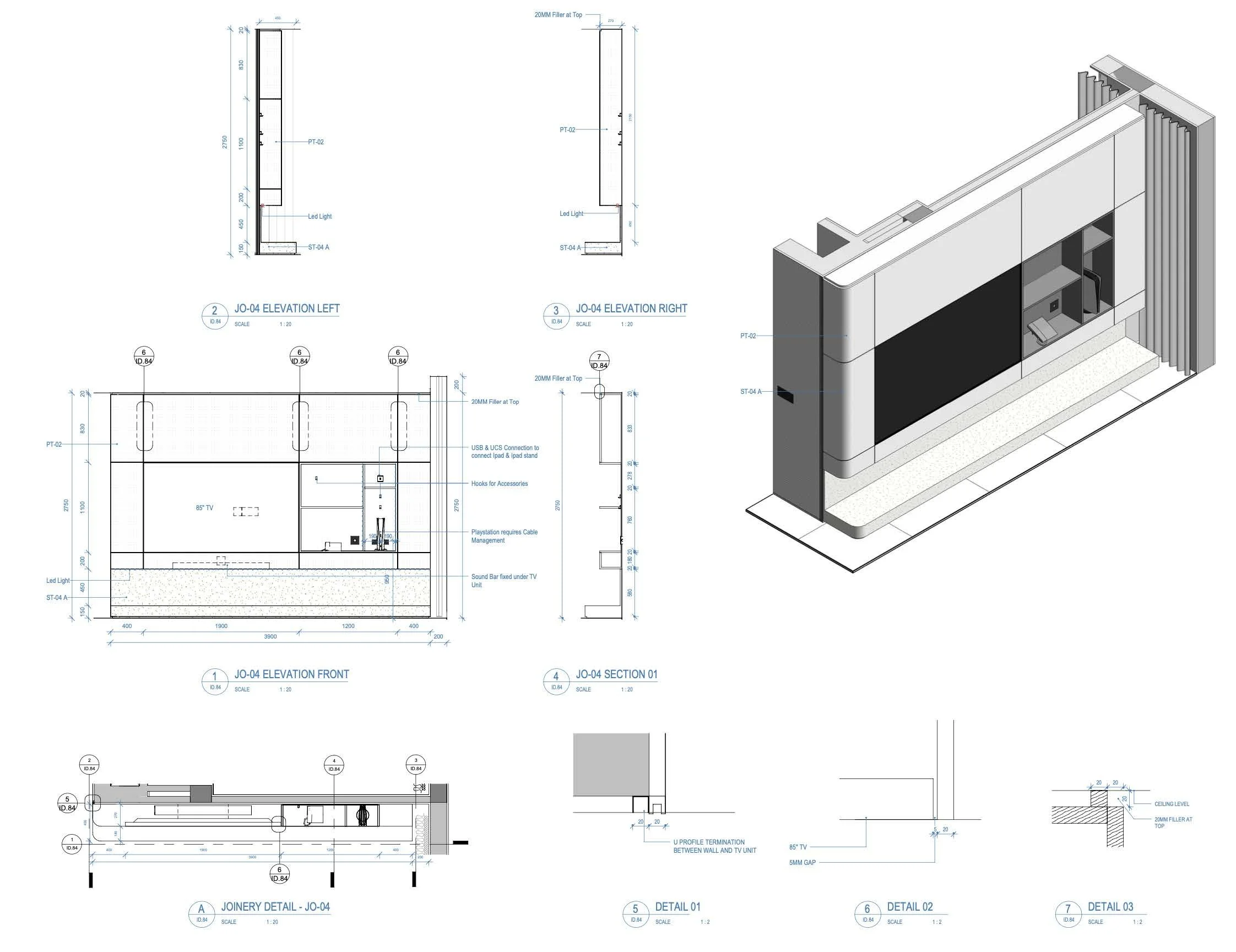 Architectural blueprint and 3D rendering of a modern, built-in electronic entertainment unit with a large TV, shelves, and integrated lighting.