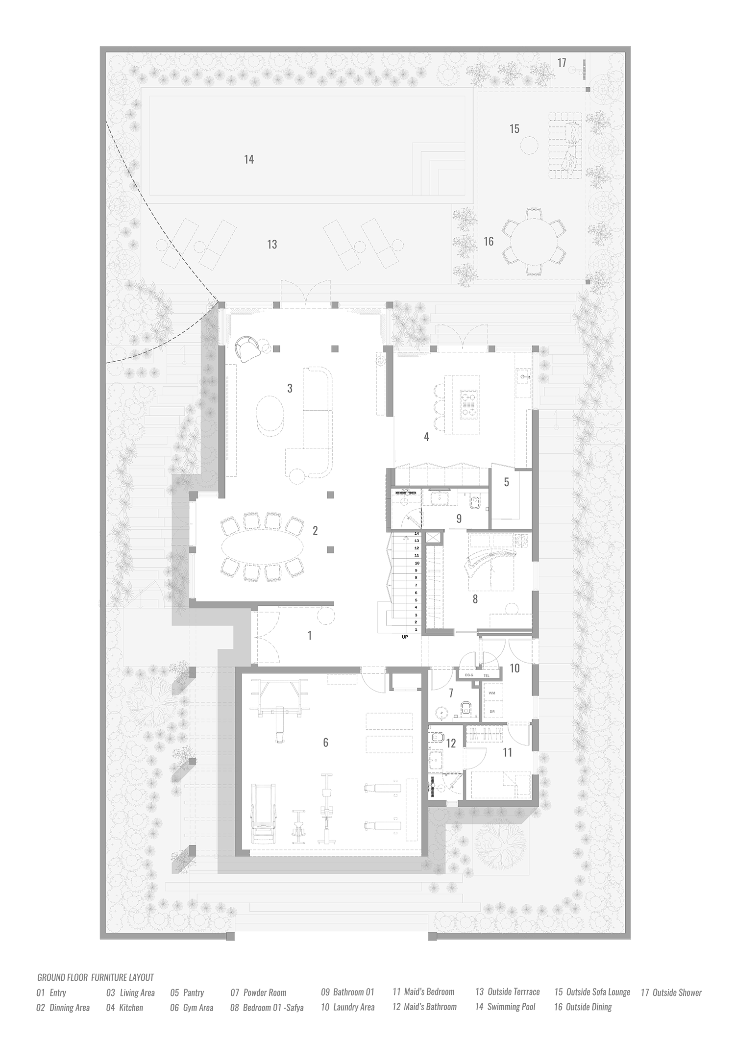 Detailed ground floor furniture layout plan for the Soleil luxury villa project by Limestone in Dubai, showing entry, living, dining, kitchen, pantry, powder room, bedroom, bathroom, laundry, maid's quarters, and home gym