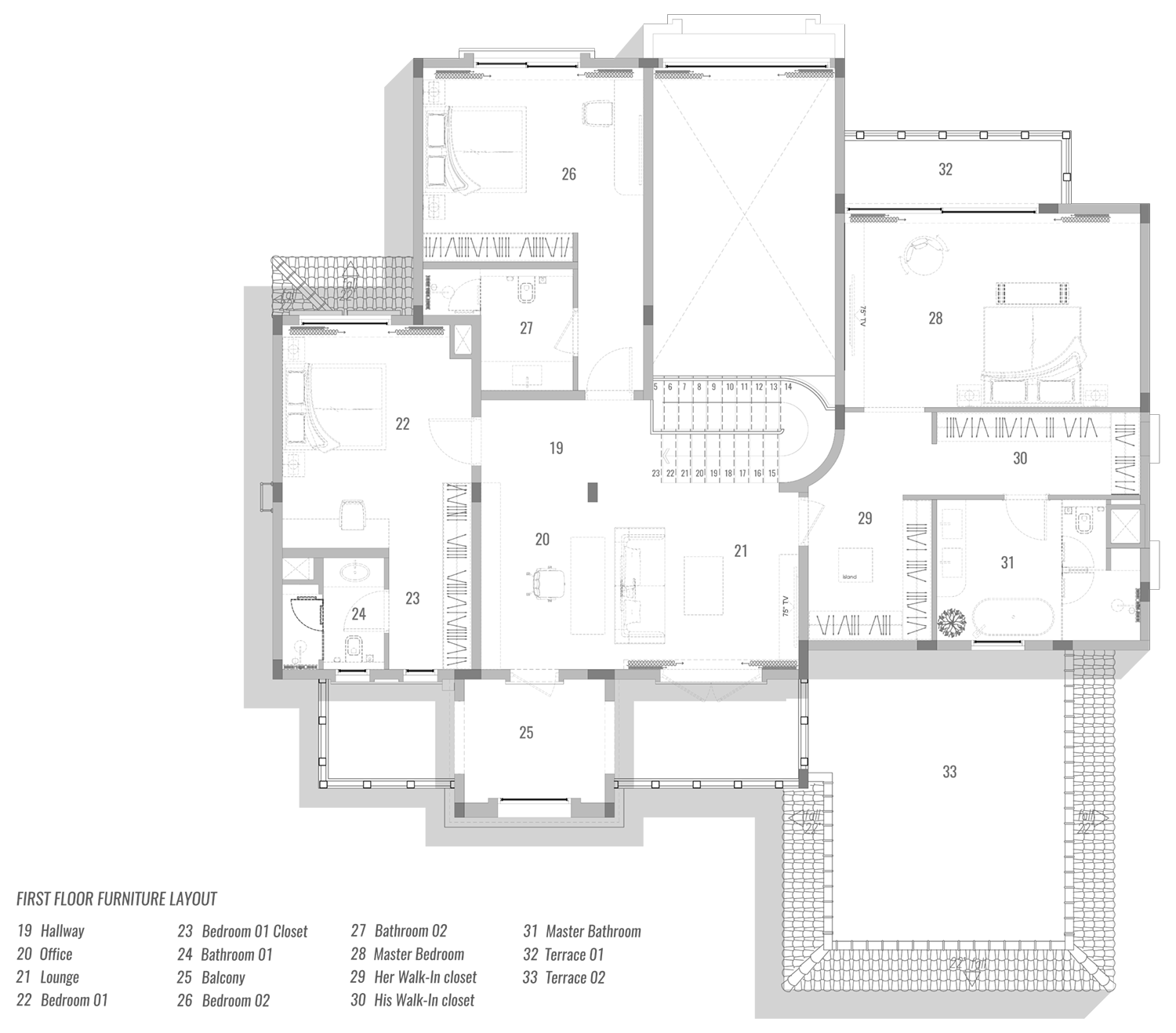 First floor furniture layout plan for Villa De Bomma in Jumeirah Islands, designed by Limestone, showing hallway, office, lounge, two bedrooms with closets and bathrooms, master bedroom with his and hers walk-in closets and master bathroom