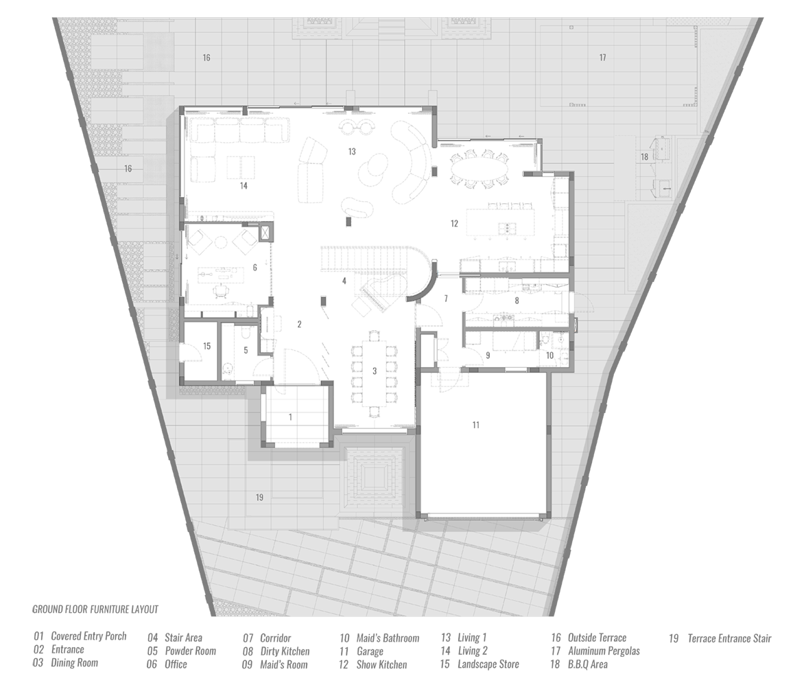 Ground floor furniture layout of Villa Ambra, a Jumeirah Islands villa renovation in Dubai by Limestone, showing the entrance, dining room, office, open-plan living areas and kitchen.
