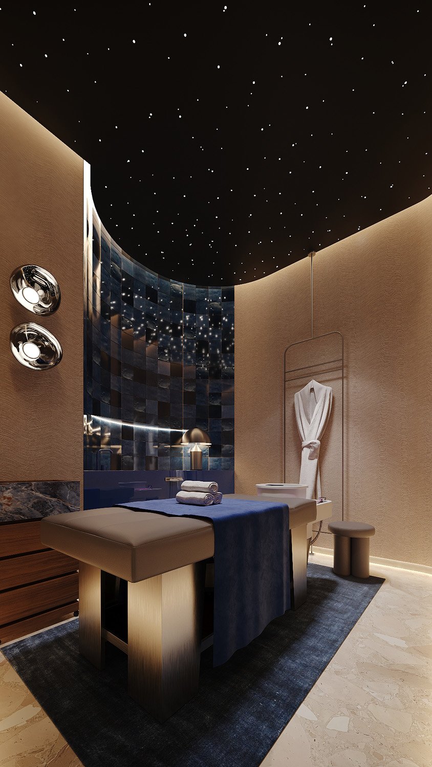 Luxury female spa treatment room by Limestone at FŌM Hygge Spa, City Walk Dubai, with a starlit ceiling, blue Zellige, blue stone detailing and rounded walls