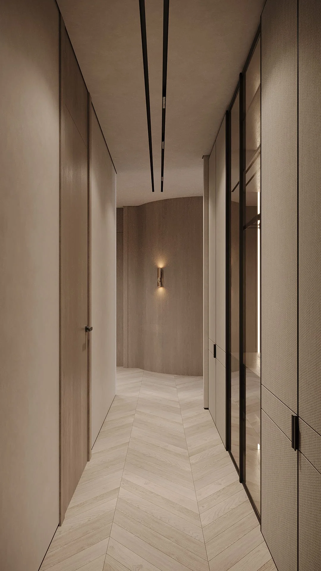 Master walk-in wardrobe corridor in Villa De Bomma, Jumeirah Islands, with glass-front cabinetry, a curved oak wall, chevron laminate flooring, and a De Bomma wall light by Limestone