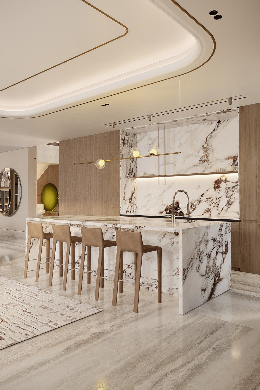 Luxury kitchen in Villa Viola, Dubai Hills, featuring a Calacatta Viola marble island and backsplash, oak cabinetry, and brass-detailed pendant lighting by Limestone